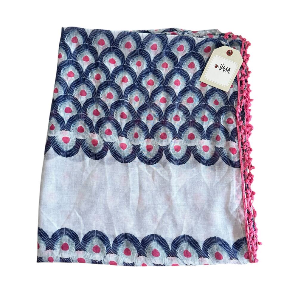 NWT Vera Neumann Infinity Scarf Crochet Fringe Pink Blue Peacock Feather Boho